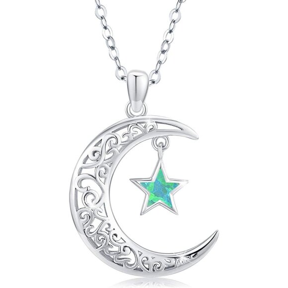 Sterling Silver Moon Star Necklace with Opal Star and Crescent Moon Pendant, 18i - Picture 1 of 7